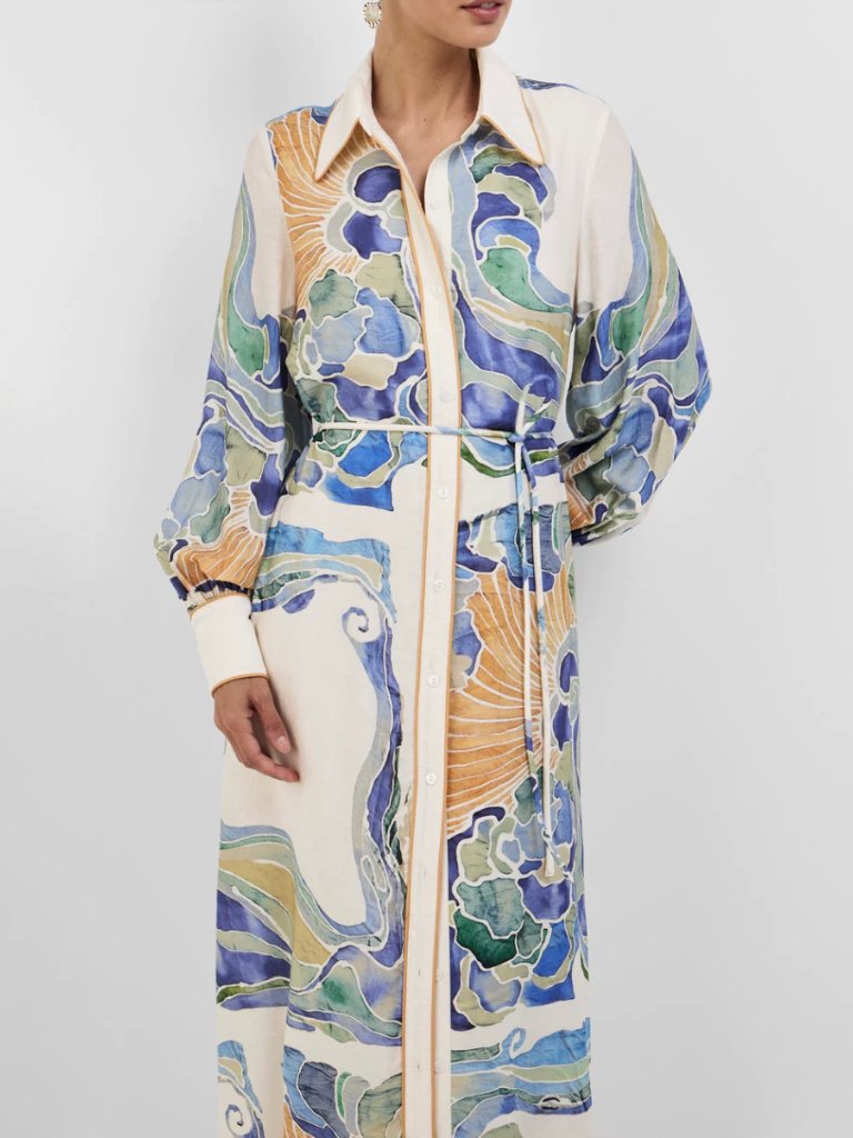 Best Sheike Wren Maxi Shirt Dress 2/6/10 Watercolor Print Vacation Cocktail — image 5 of 8